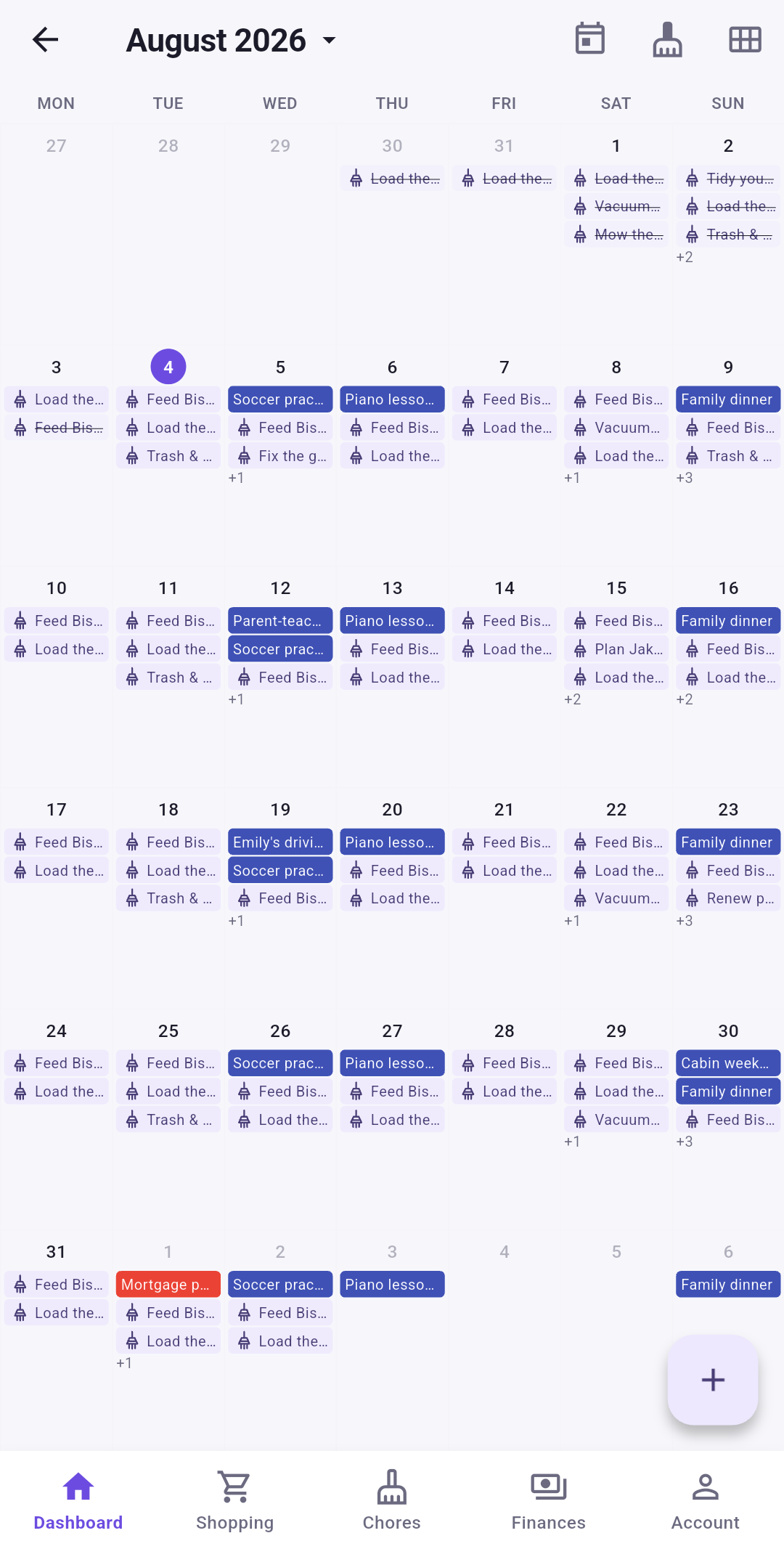 The shared household calendar with everyone’s events on it