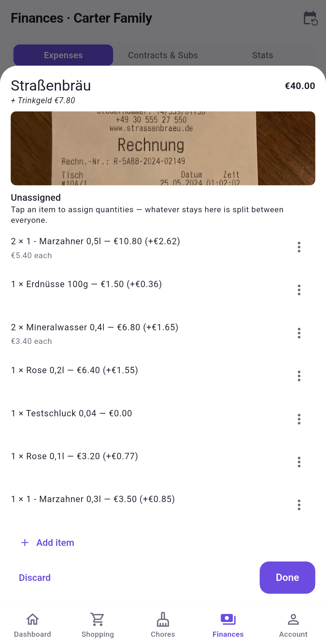 A photographed receipt with the amounts read off it automatically
