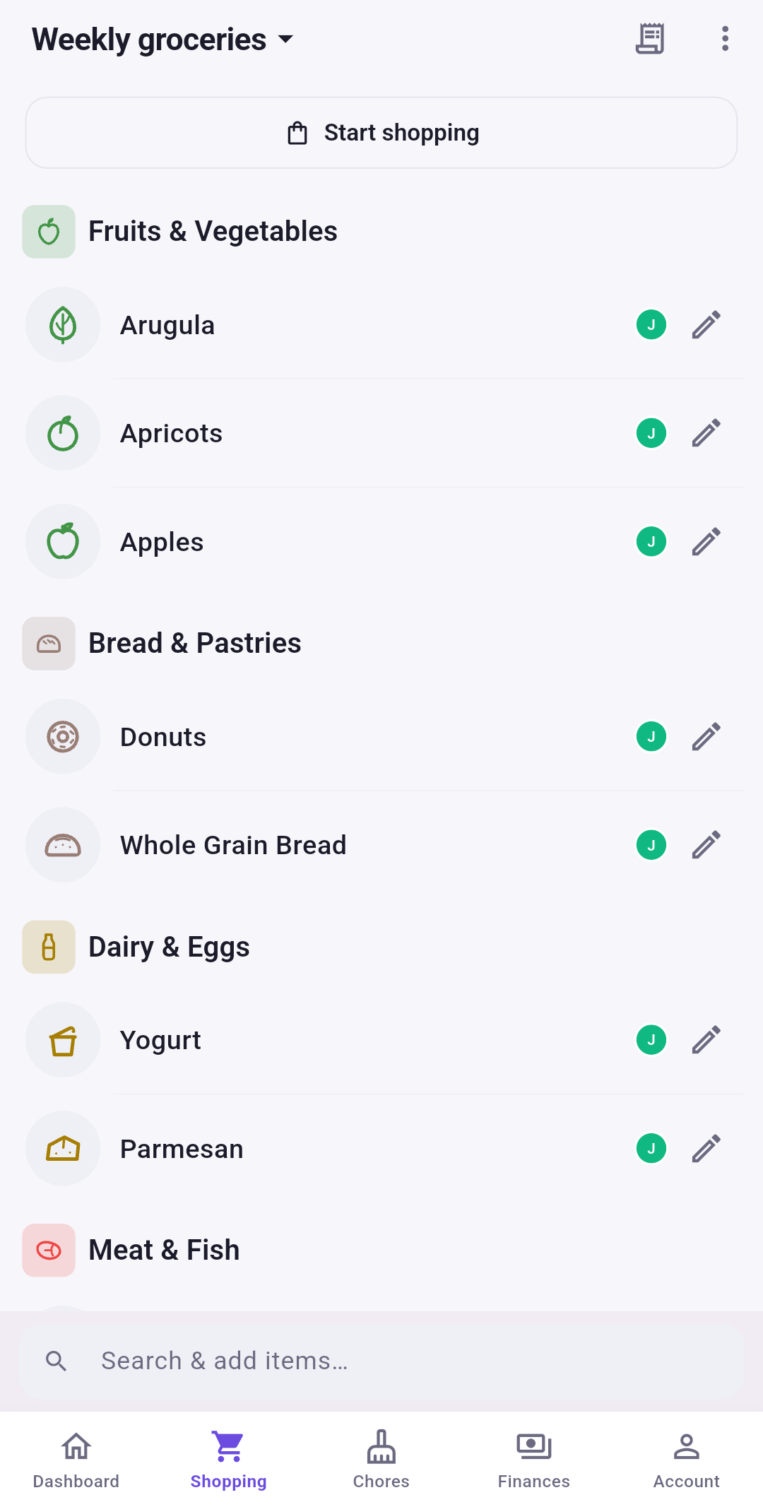 A shared shopping list with some items already ticked off